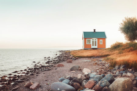 A lonely cottage on a ridge of land on the coast. Ai generated.の素材