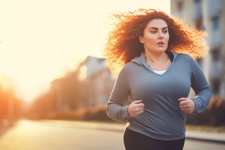 With each stride, the chubby young woman embraces the challenge, her determination fueling her weight-loss journey. Fictitious person generated by Ai.の素材