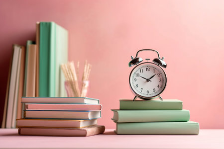 A vintage alarm clock on a stack of school books, back to school.の素材