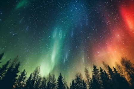 Beautiful aurora borealis seen at night between the trees of a forestの素材