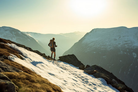 An athlete runs down the snowy slope of a mountain, ideal for trail running. Ai generated.の素材