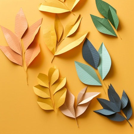 Flat lay orange, with copy space, of sheets of paper in soft colors, natural background.の素材