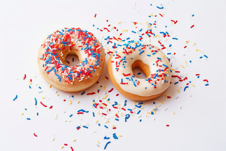 donuts and pastries on a captivating American patriotic background, decorated with the USA flag and providing ample copy spaceの素材