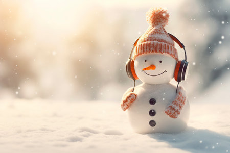 Cute modern little snowman outside, bundled up.の素材