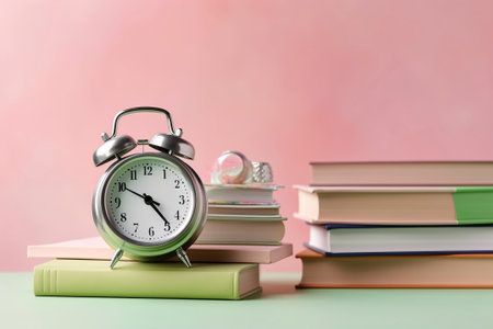 On a stack of school books, a vintage alarm clock awaits, signaling the start of a new school day.の素材