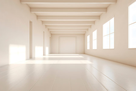 Wide and bright empty room, in perspective, with white walls.の素材