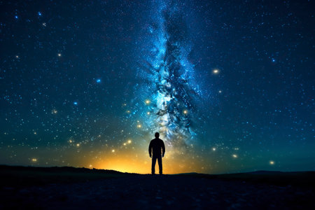 Silhouette of a man walking under the milky way of a clear and starry sky.の素材