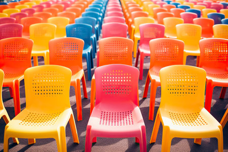 Rows with many colourful, plastic chairs and armchairs.の素材