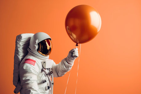 An astronaut plays fun with a globe in the shape of a planet.の素材