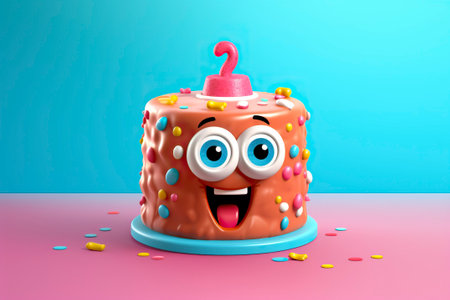 A whimsical birthday cake in the shape of a cartoon character brings joy to children's celebrations.の素材