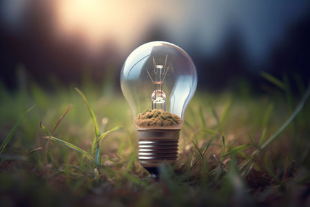 A light bulb on the grass, concept of recyclable green energy. Ai generated.の素材