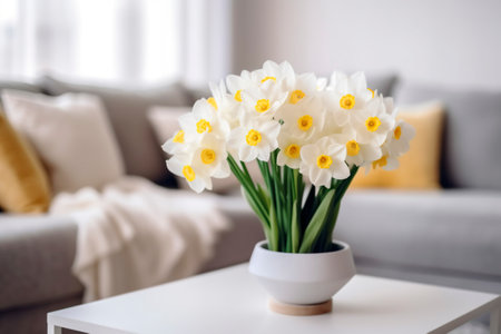 Blooming white daffodils in a decorative home vase.の素材
