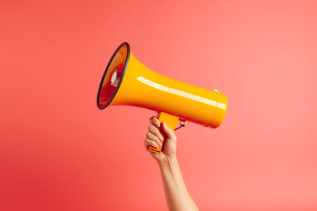 A megaphone raised high, to launch proclamations and be heard.の素材