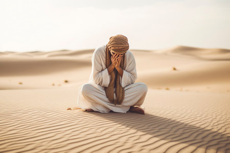 A Berber nomad man rests on the desert sand, meditating.の素材