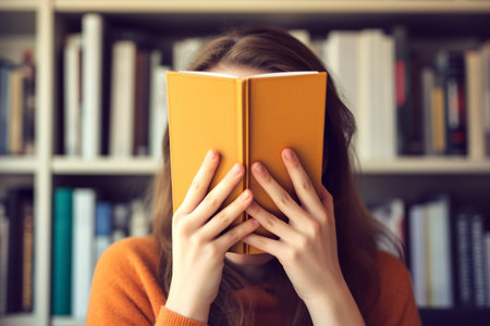 A young woman enlarged in a captivating book, finding solace and inspiration in the libraryの素材