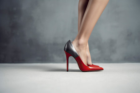 Woman's legs in red high-heeled shoes, slim and beautiful legs, copy space.の素材