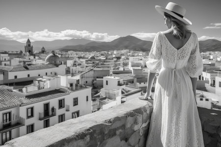 A woman, a tourist, contemplates an Andalusian town with white houses, in black and white.の素材