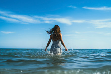 A beautiful young woman wades into the sea for a swim.の素材