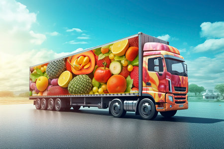 A refrigerated truck decorated with photos of fruits and vegetables transports food.の素材