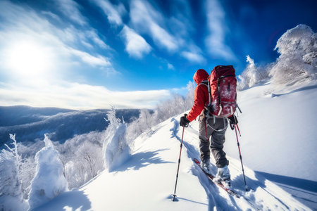 A mountaineer on a ski journey through high mountains.の素材