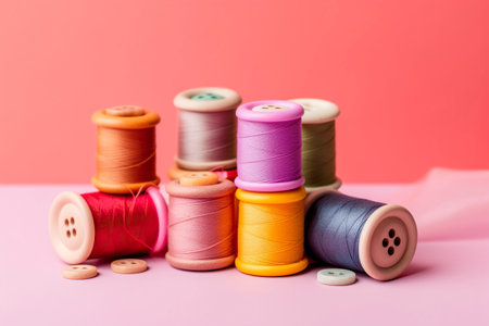Colorful threads and buttons for sewing, on a solid color background.の素材