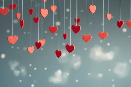 Red hearts hanging on a thread, decorative banner for Valentine's Day. Ai generated.の素材