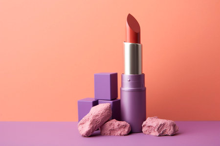 Lilac lipstick, exposed on an advertising podium.の素材