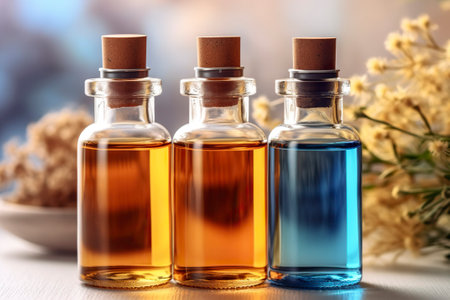 Transparent glass bottles with oriental essential oils.の素材