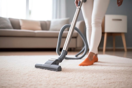 Woman vacuums a fluffy white carpet in her bright luxury home.の素材