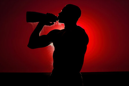 Silhouette of an athlete man hydrating after exercising, backlit in studio. Ai generated.の素材