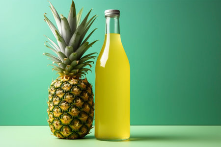 Squeezed pineapple juice, in glass bottle, isolated background.の素材