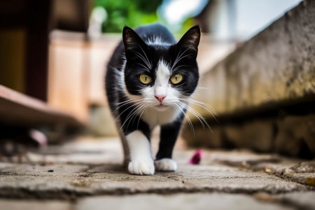 A young black and white cat roams the streets, embracing its adventurous spiritの素材