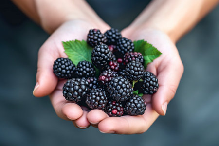 A girl holds blackberries in her hands.の素材