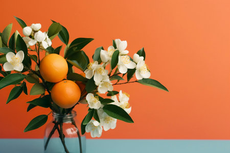 Background with oranges on branch and flower, copy space.の素材