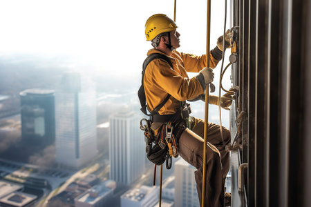 An operator hangs down outside a building, secured with harnesses, an expert in industrial mountaineering. Ai generated.の素材