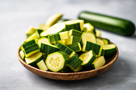 Fresh Zucchini Slices in a Kitchen Bowl: A Healthy and Delicious Culinary Delight. AI Generatedの素材