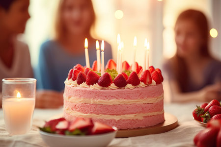 Family celebrates a birthday, gathered around a tasty cake.の素材
