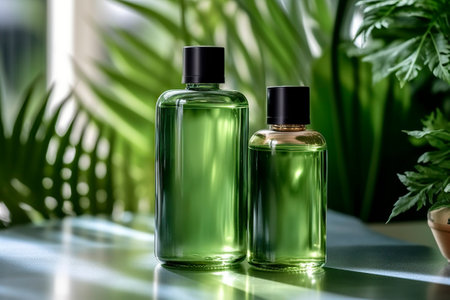 Mockup of transparent glass bottles with essential oils or homeopathy. Ai generated.の素材