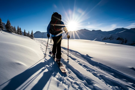 A mountaineer on a ski journey through high mountains.の素材