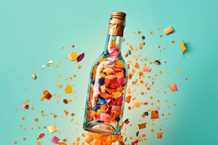 A bottle full of confetti explodes in a party of joy and celebration, isolated in studio.の素材