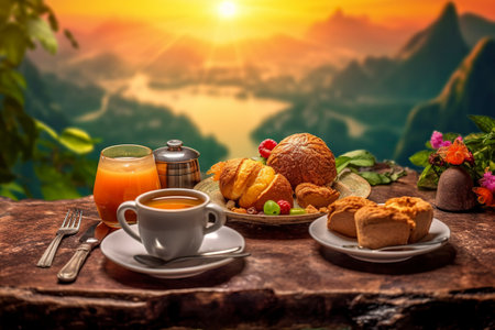 A delightful and nourishing breakfast for one, set against a stunning alpine landscapeの素材