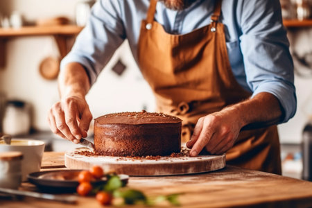 A man at home prepares a birthday cake for his family, a male commitment to equality.の素材