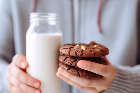 Milk-based breakfasts with chocolate cookies. Ai generated.の素材