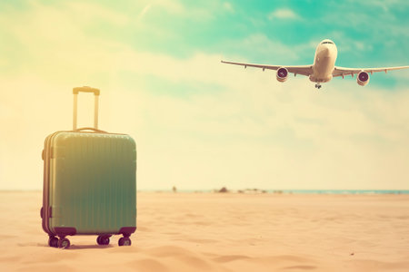 Packing your travel essentials in colorful suitcases, embark on a beachside adventure. AI Generated.の素材