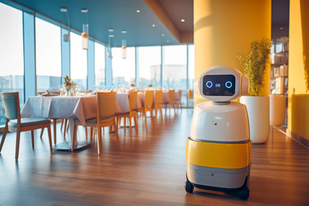 Robots serve restaurant customers and deliver orders to them. Ai generated.の素材