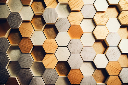 A modern and elegant image featuring a background of metallic-textured hexagonal shapes in vibrant and bright colors.の素材