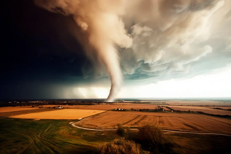 A dangerous tornado moves through the cereal fields. Ai generated.の素材