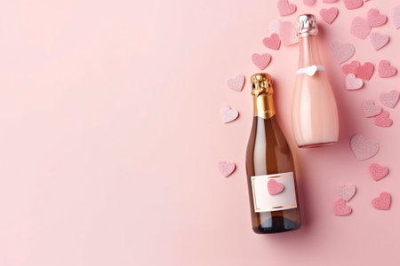 Flat lay of two pink champagne bottles with copy space.の素材