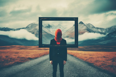 Introspective travel concept, a man holds a frame standing on a road between clouds. Ai generated.の素材