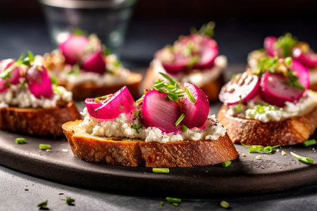 Cheese and radish canapÃ©s, with whole wheat French bread.の素材
